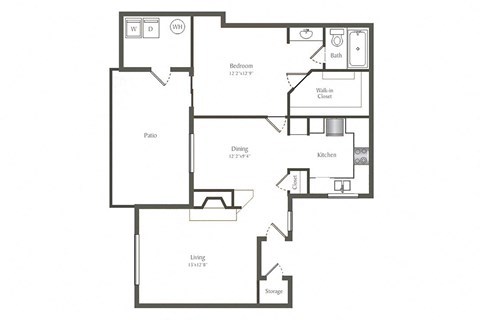 Floor plan for 1 bed, 1 bath, 731 sqft